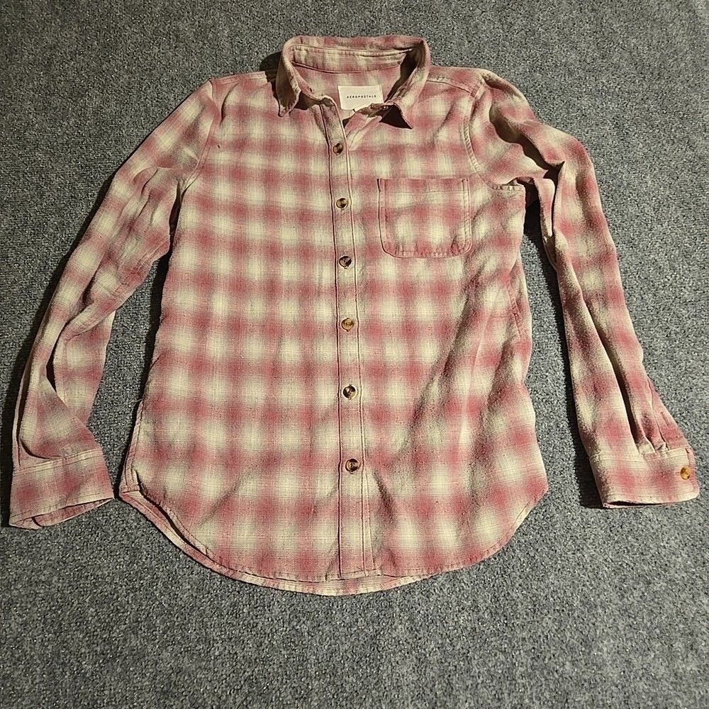 Aeropostale Button-Up Cotton Flannel Shirt Womens Small Pink Plaid Long Sleeve